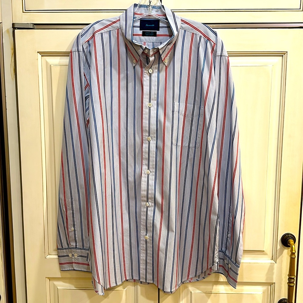 FAÇONNABLE MENS RED, BLUE & WHITE STRIPED COTTON BUTTONDOWN DRESS SHIRT SIZE XXL